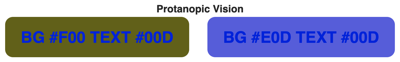An example of blue against red, and blue and purple, as seen by protanopia.